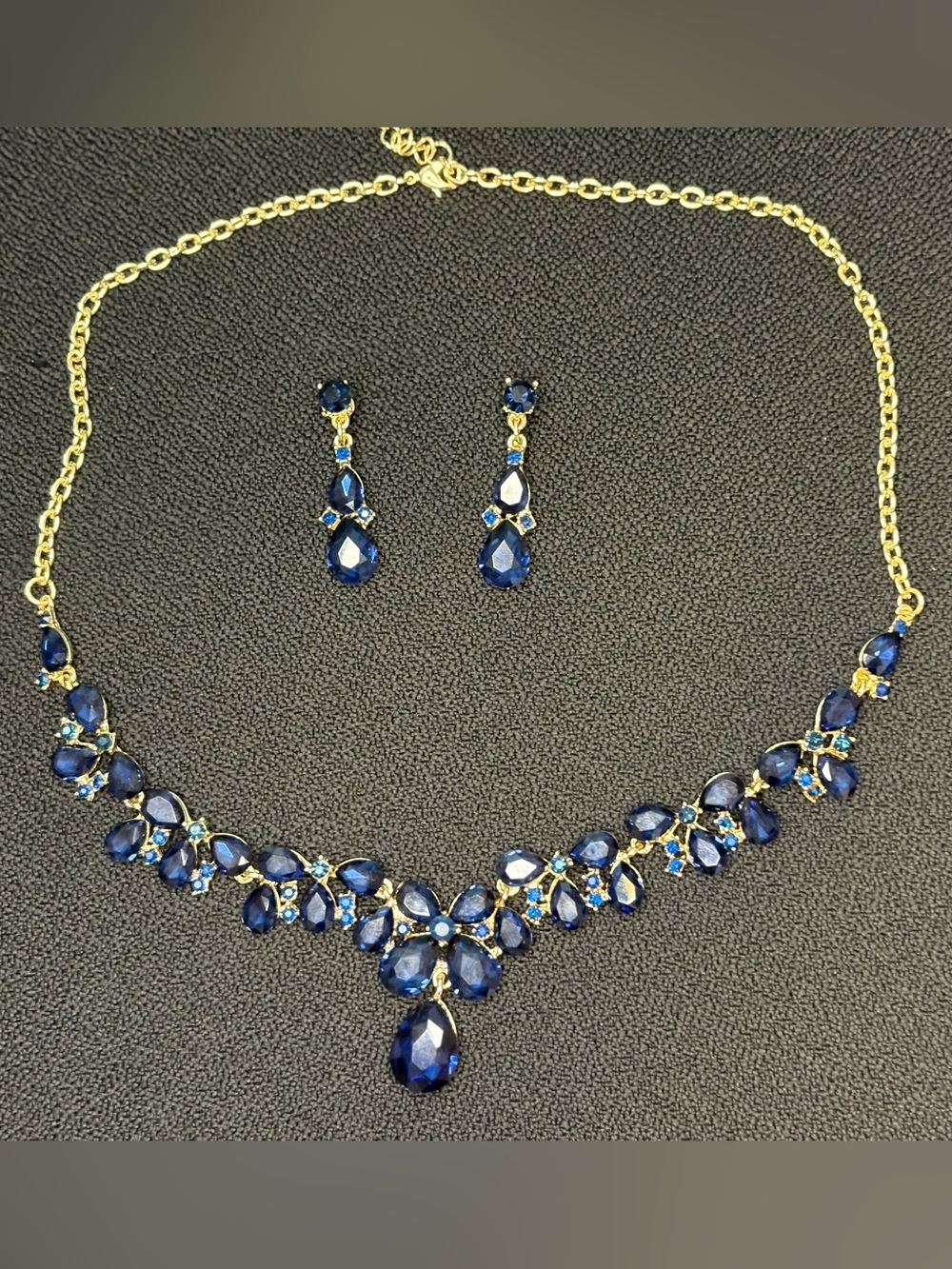 Gold-Tone Blue Crystal Necklace & Earrings Set